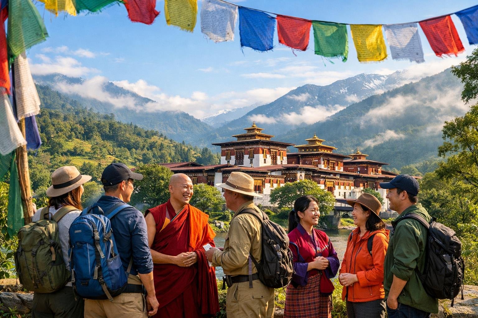 A group of travelers admiring traditional Bhutanese buildings and prayer flags in a green mountainous landscape.