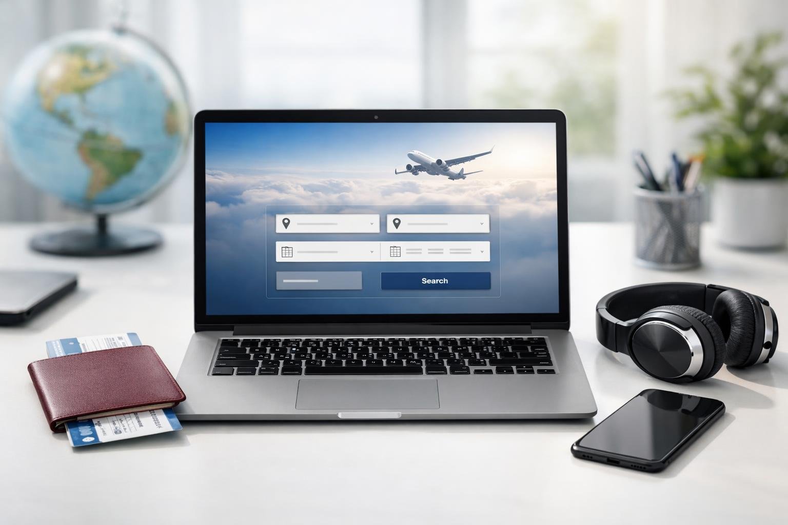 A laptop on a desk with travel items like a passport, boarding pass, and headphones, with a world map in the background.