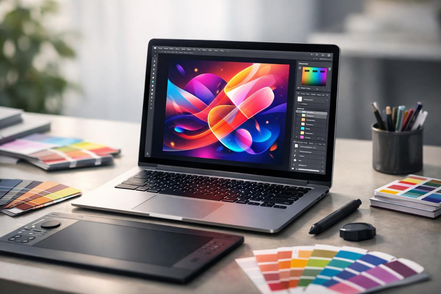 A modern workspace with a laptop displaying a colorful flyer design, surrounded by graphic design tools on a clean desk.