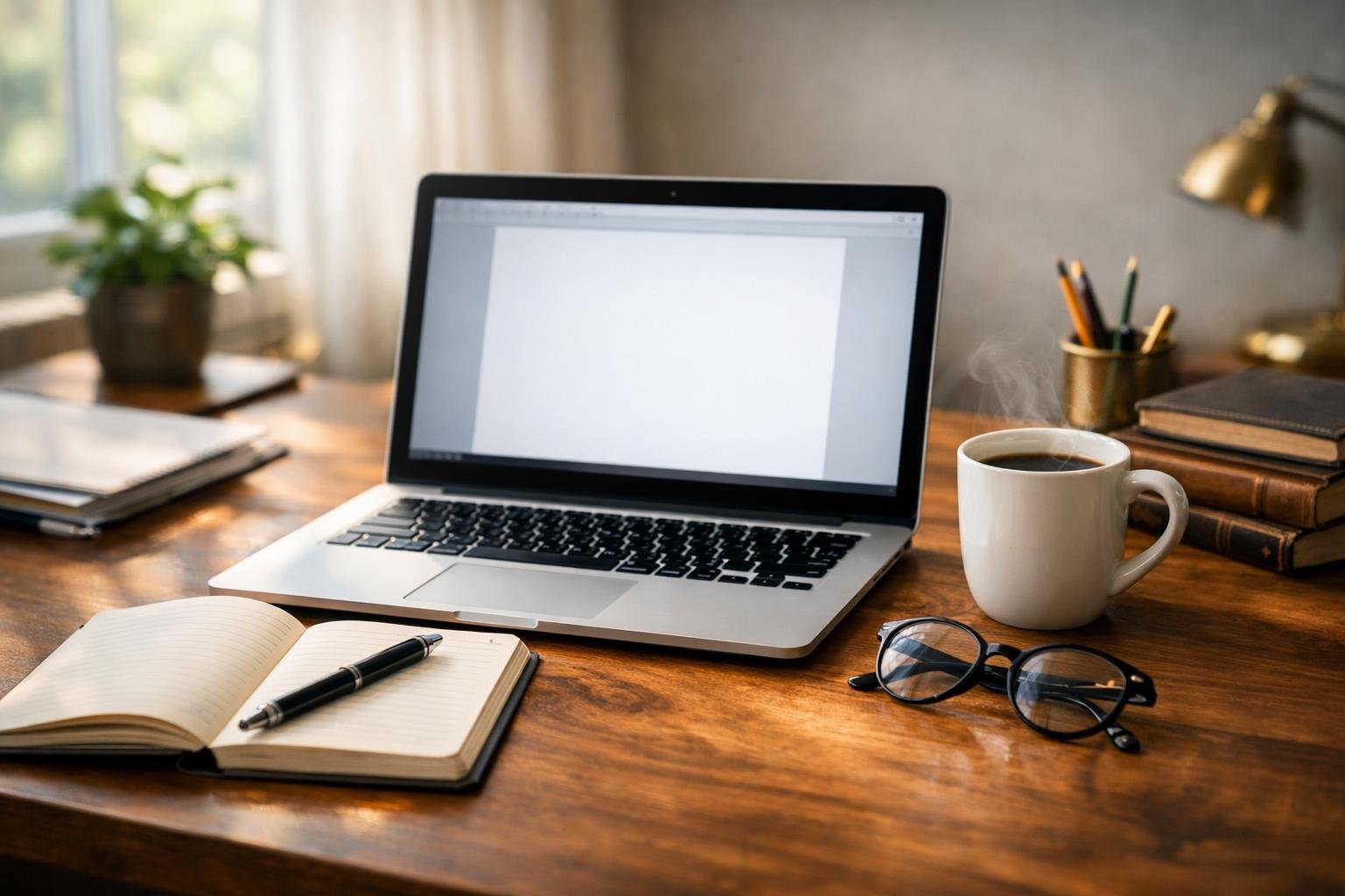 A laptop on a wooden desk surrounded by a notebook, pen, glasses, and a cup of coffee in a softly lit workspace.