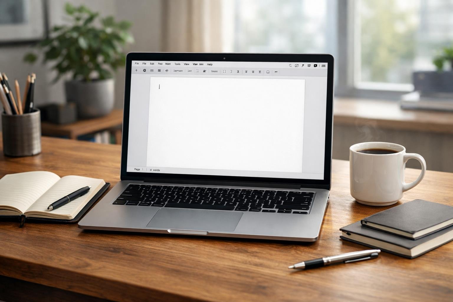 A modern workspace with an open laptop on a wooden desk, a notebook, pen, and a cup of coffee in a bright office with natural light.