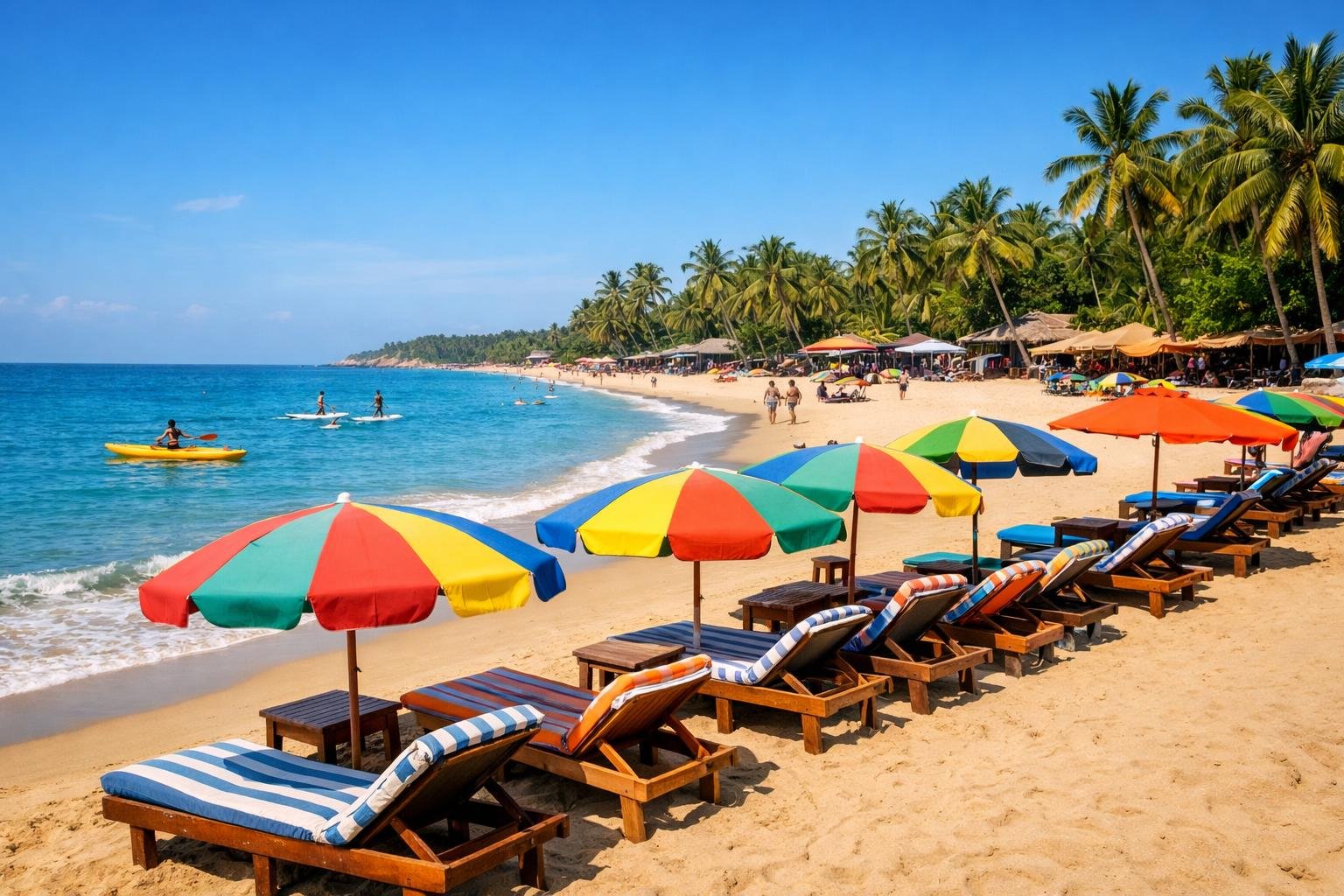 A sunny beach in Goa with palm trees, colorful umbrellas, and people enjoying the water and sand.