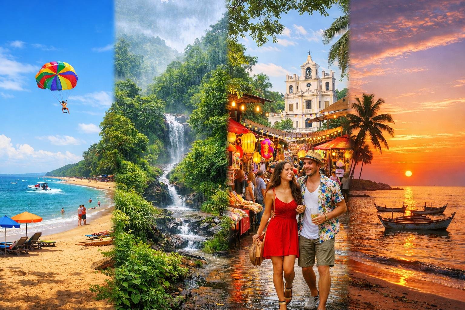 A scenic collage showing Goa's beach, lush green rainforests, festive markets, and a sunset over the sea with palm trees and boats.