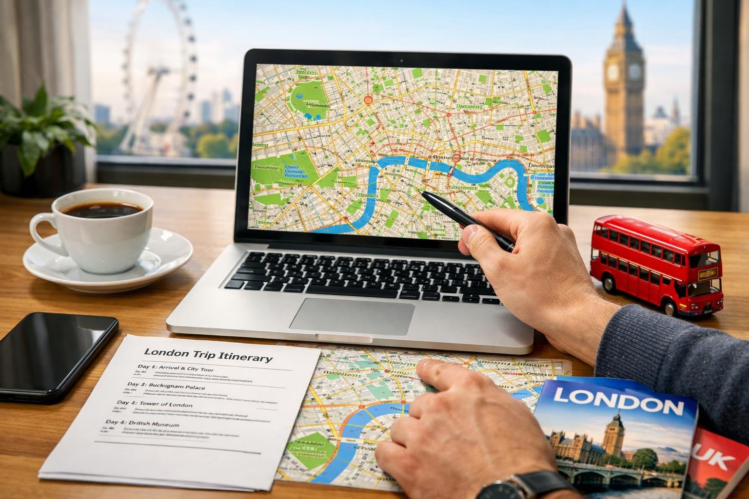A person planning a trip to London with a map, travel guides, and a laptop on a desk near a window showing London landmarks.