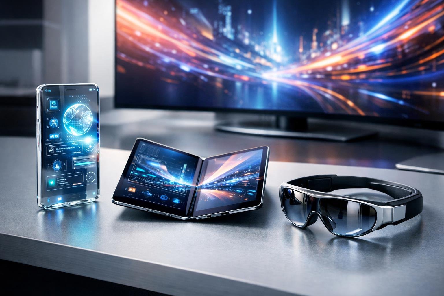 A modern workspace with futuristic tech gadgets including a transparent smartphone, foldable tablet, augmented reality glasses, and a large curved display screen.