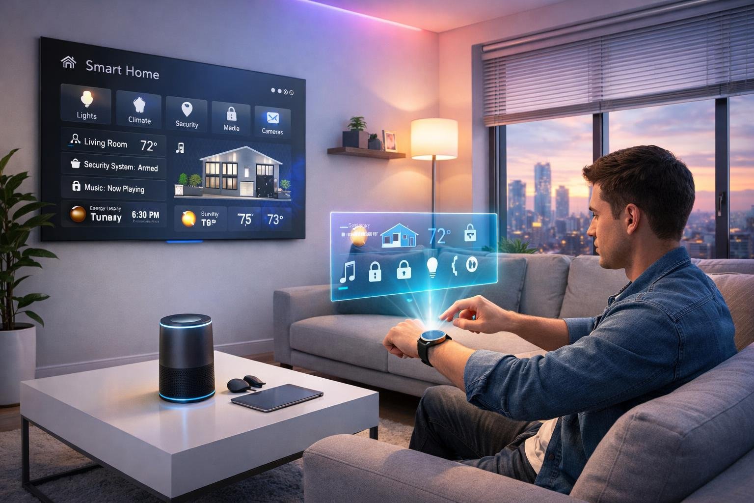 A modern living room with advanced smart home devices, including a smart display, speaker, smart lighting, and a person using a wearable holographic interface.