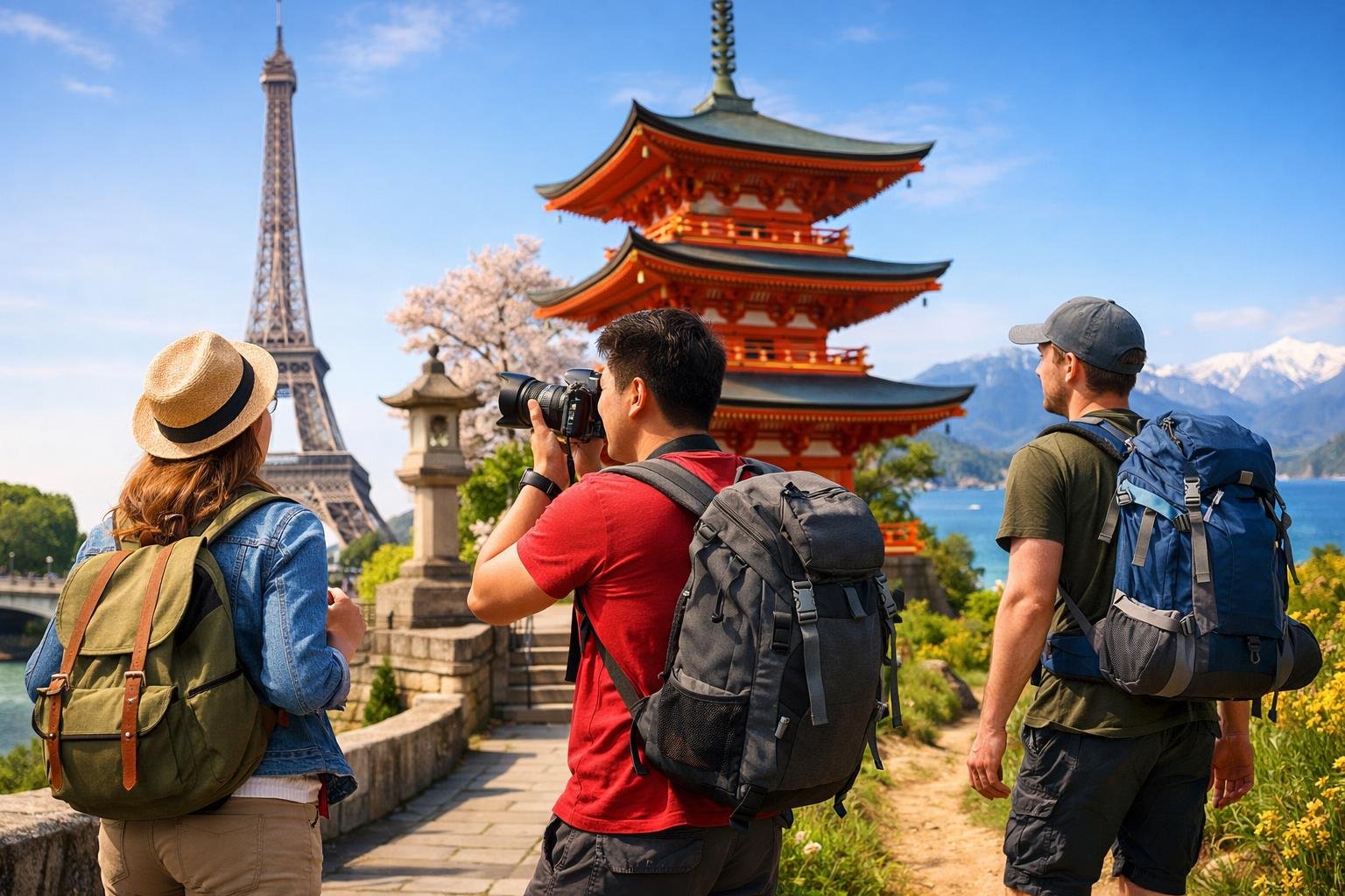 Several solo travelers exploring famous landmarks and scenic spots in different countries, enjoying their journeys alone.