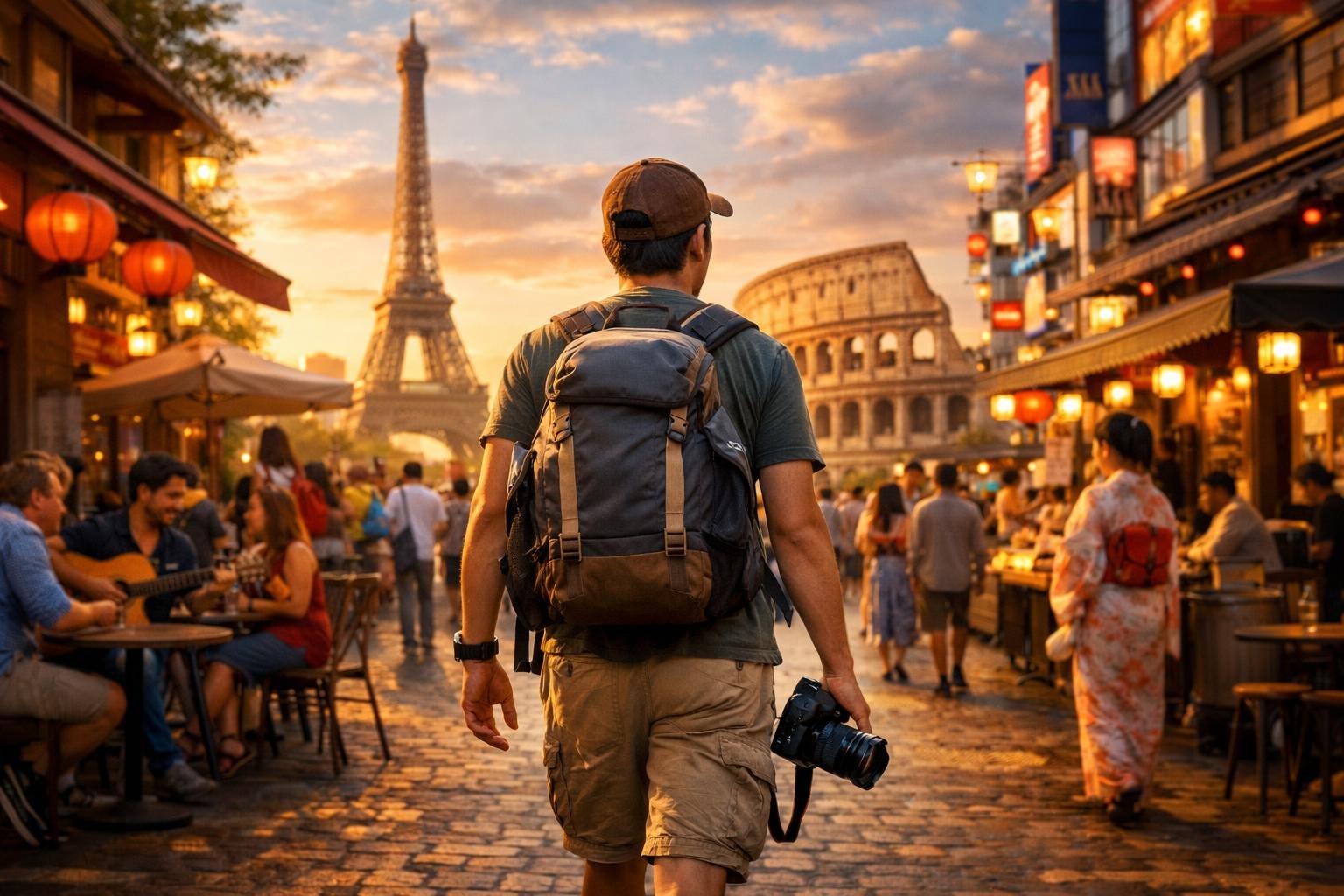 A solo traveler walking through a lively city street with famous landmarks visible in the background.
